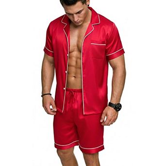 Ekouaer Satin Pajamas, Mens Short Sleeve Button Up Silk Lounge Set with Pockets