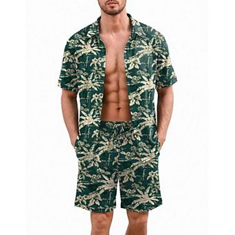 Ekouaer Mens Hawaiian Sets Beach Button Down Shirts and Shorts Tropical Cruise Lounge Sets