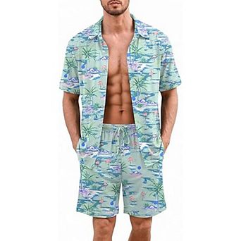 Ekouaer Mens Hawaiian Sets Beach Button Down Shirts and Shorts Tropical Cruise Lounge Sets