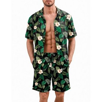 Ekouaer Mens Hawaiian Sets Beach Button Down Shirts and Shorts Tropical Cruise Lounge Sets