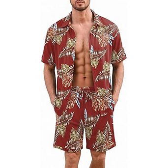 Ekouaer Mens Hawaiian Sets Beach Button Down Shirts and Shorts Tropical Cruise Lounge Sets