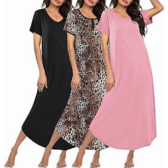 Ekouaer Three Pack Long Nightgowns for Womens Plus Moo Moos Short Sleeve House Dress Button Night