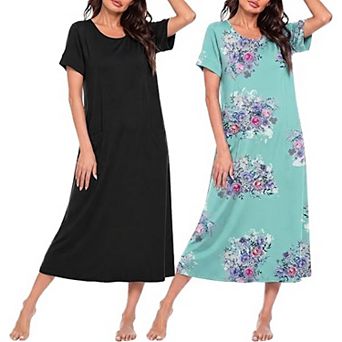 Ekouaer Womens House Dress Long Nightgown Nightshirt Two Pack Round Neck Sleepshirts Nightwear