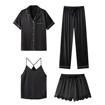 Womens 4 pc Satin Sleepwear Set Soft Ruffled Short Sleeve Cami Shorts Pajamas