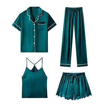 Womens 4 pc Satin Sleepwear Set Soft Ruffled Short Sleeve Cami Shorts Pajamas