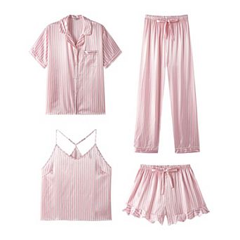 Womens 4 pc Satin Sleepwear Set Soft Ruffled Short Sleeve Cami Shorts Pajamas
