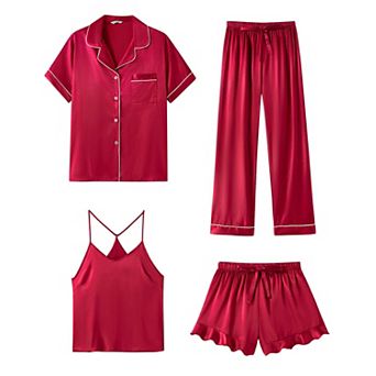 Womens 4 pc Satin Sleepwear Set Soft Ruffled Short Sleeve Cami Shorts Pajamas