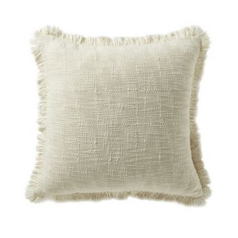 18x18 Decorative Throw Pillow with Handwoven Tassels, Ivory Cotton Cover with Insert for Boho Decor
