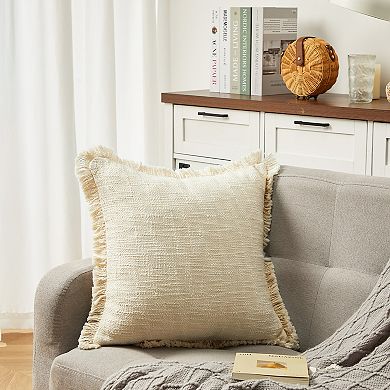 18x18 Decorative Throw Pillow with Handwoven Tassels, Ivory Cotton Cover with Insert for Boho Decor
