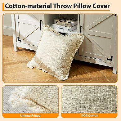18x18 Decorative Throw Pillow with Handwoven Tassels, Ivory Cotton Cover with Insert for Boho Decor