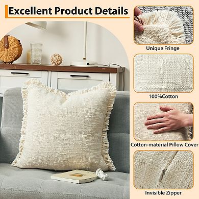 18x18 Decorative Throw Pillow with Handwoven Tassels, Ivory Cotton Cover with Insert for Boho Decor