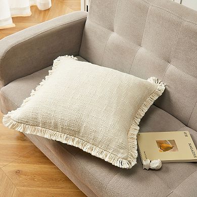 18x18 Decorative Throw Pillow with Handwoven Tassels, Ivory Cotton Cover with Insert for Boho Decor