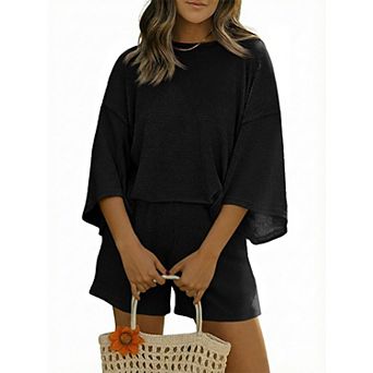 Womens 2 pc 3/4 Sleeve Drop Shoulder Loungewear Set Casual Lounge Outfits