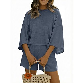 Womens 2 pc 3/4 Sleeve Drop Shoulder Loungewear Set Casual Lounge Outfits