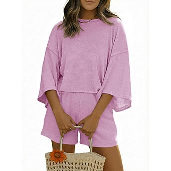 Womens 2 pc 3/4 Sleeve Drop Shoulder Loungewear Set Casual Lounge Outfits
