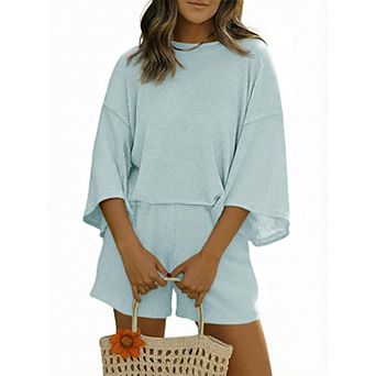Womens 2 pc 3/4 Sleeve Drop Shoulder Loungewear Set Casual Lounge Outfits