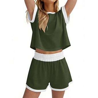 Womens 2 pc Striped Knit Lounge Set Short Sleeve Tee Shorts Casual Loungewear