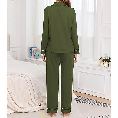 Women 2 Pcs Cotton Pajama Set Long Sleeve Soft Lounge Sleepwear