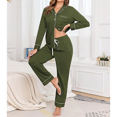 Women 2 Pcs Cotton Pajama Set Long Sleeve Soft Lounge Sleepwear