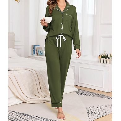 Women 2 Pcs Cotton Pajama Set Long Sleeve Soft Lounge Sleepwear