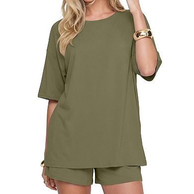 Womens 2 Pcs Oversized Loungewear Set Crew Neck Short Sleeve Top Drawstring Shorts