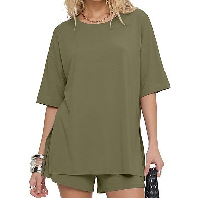 Womens 2 Pcs Oversized Loungewear Set Crew Neck Short Sleeve Top Drawstring Shorts