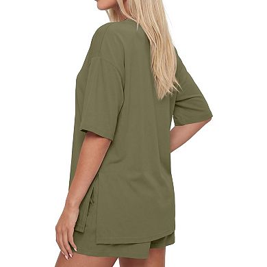Womens 2 Pcs Oversized Loungewear Set Crew Neck Short Sleeve Top Drawstring Shorts