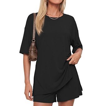 Womens 2 pc Oversized Loungewear Set Crew Neck Short Sleeve Top Drawstring Shorts