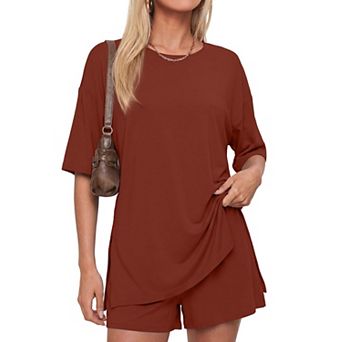 Womens 2 pc Oversized Loungewear Set Crew Neck Short Sleeve Top Drawstring Shorts
