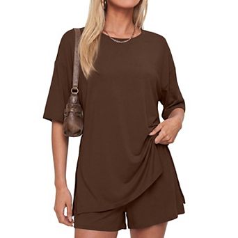 Womens 2 pc Oversized Loungewear Set Crew Neck Short Sleeve Top Drawstring Shorts