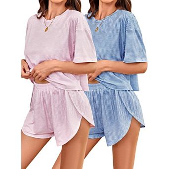 Womens 2-Pack Striped Short Sleeve Lounge Pajama Set Soft Lightweight