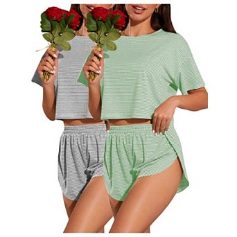 Womens 2-Pack Striped Short Sleeve Lounge Pajama Set Soft Lightweight