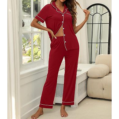 Womens 2 Pcs Soft Pajama Set Short Sleeve Shirt Elastic Waist Pants With Pockets