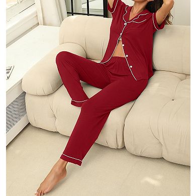 Womens 2 Pcs Soft Pajama Set Short Sleeve Shirt Elastic Waist Pants With Pockets
