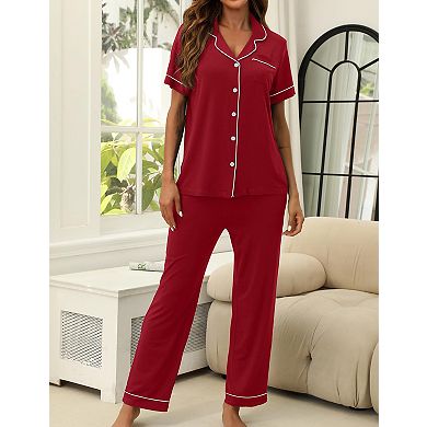 Womens 2 Pcs Soft Pajama Set Short Sleeve Shirt Elastic Waist Pants With Pockets