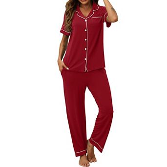 Womens 2 pc Soft Pajama Set Short Sleeve Shirt Elastic Waist Pants With Pockets