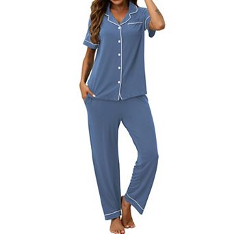 Womens 2 pc Soft Pajama Set Short Sleeve Shirt Elastic Waist Pants With Pockets
