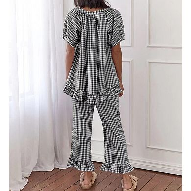 Womens 2 Pcs Gingham Cotton Pajama Set Ruffle Loungewear Sleepwear