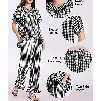 Womens 2 Pcs Gingham Cotton Pajama Set Ruffle Loungewear Sleepwear