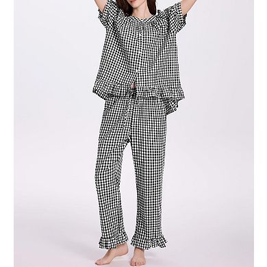 Womens 2 Pcs Gingham Cotton Pajama Set Ruffle Loungewear Sleepwear
