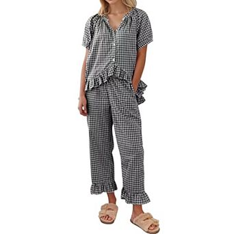 Womens 2 pc Gingham Cotton Pajama Set Ruffle Loungewear Sleepwear