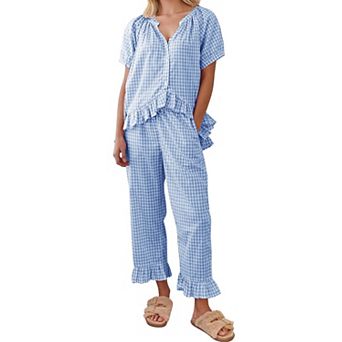 Womens 2 pc Gingham Cotton Pajama Set Ruffle Loungewear Sleepwear