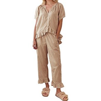 Womens 2 pc Gingham Cotton Pajama Set Ruffle Loungewear Sleepwear