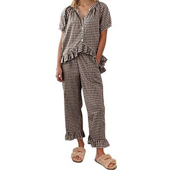 Womens 2 pc Gingham Cotton Pajama Set Ruffle Loungewear Sleepwear