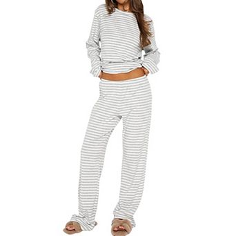 Womens 2 pc Striped Lounge Set Long Sleeve Top Wide Leg Pants Casual Wear
