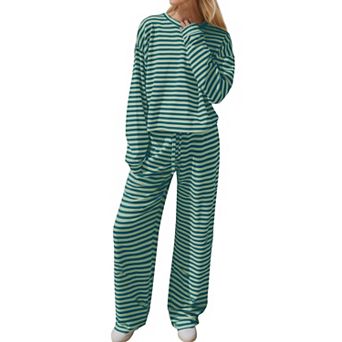 Womens 2 pc Striped Lounge Set Long Sleeve Top Wide Leg Pants Casual Wear