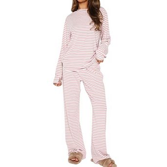 Womens 2 pc Striped Lounge Set Long Sleeve Top Wide Leg Pants Casual Wear