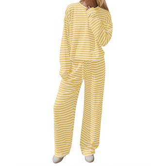 Womens 2 pc Striped Lounge Set Long Sleeve Top Wide Leg Pants Casual Wear