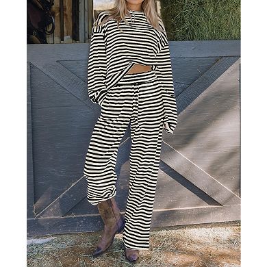 Womens 2 Pcs Striped Lounge Set Long Sleeve Tee Wide Leg Pants Fall Outfits