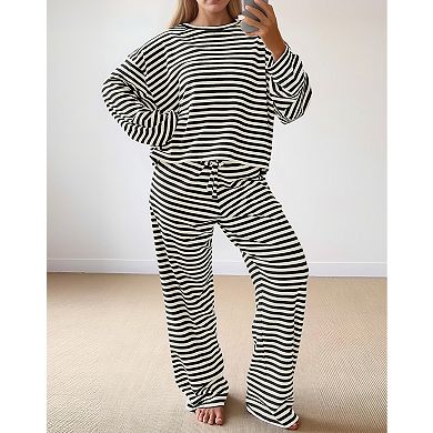 Womens 2 Pcs Striped Lounge Set Long Sleeve Tee Wide Leg Pants Fall Outfits
